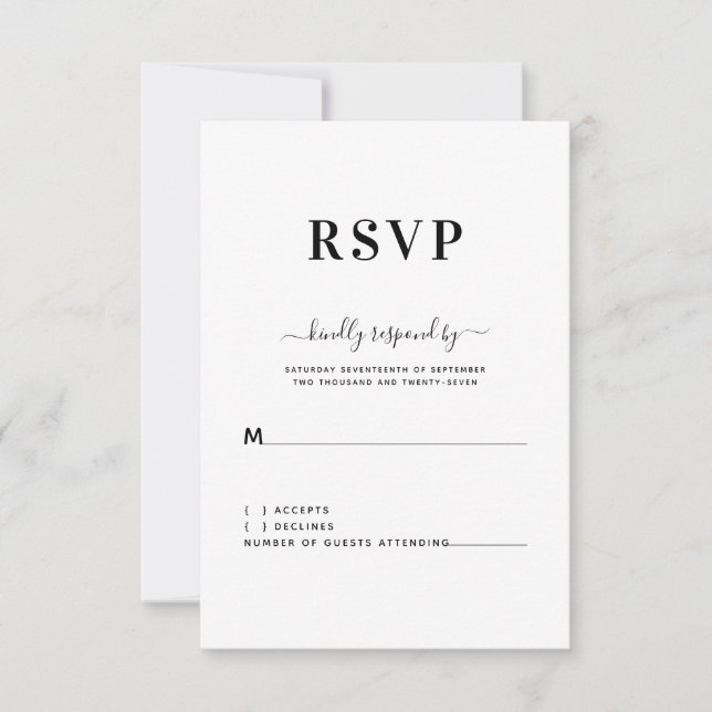 RSVP de Casamento Branco Negro Simples Moderno (Frente)