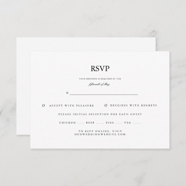 RSVP de Casamento Branco Preto do Script Elegante  (Frente/Verso)