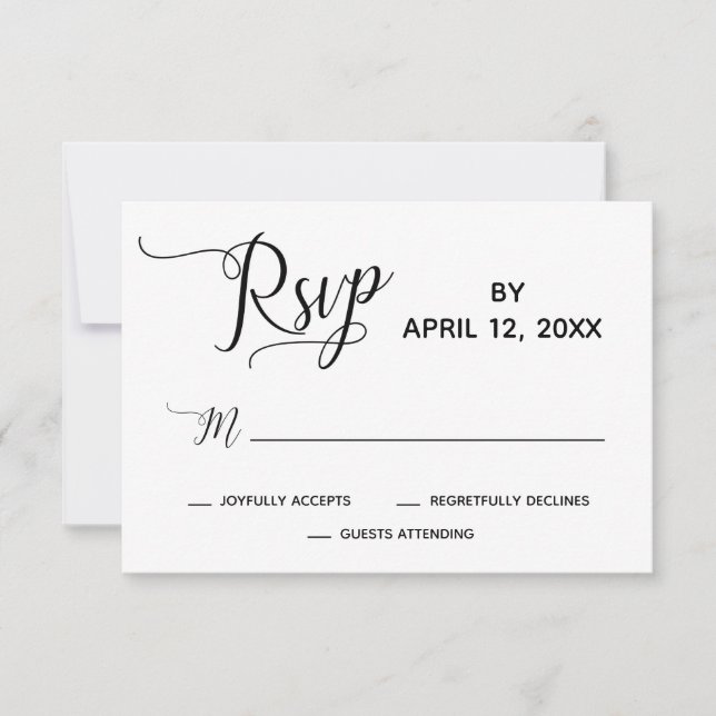 RSVP de Casamento Branco Preto Simples de Script E (Frente)