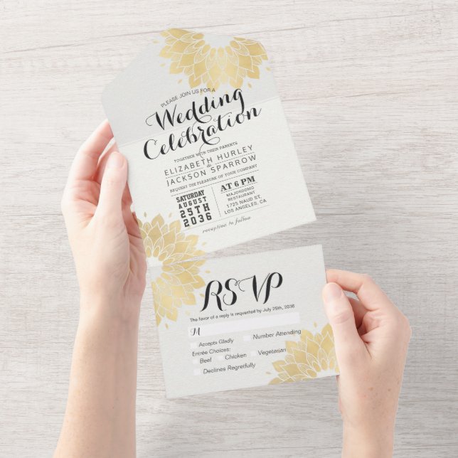 RSVP de Casamento Chic Dourado Mandala Flor Modern (Aba destacável)