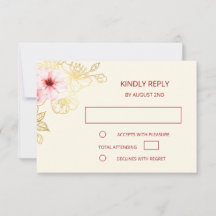 RSVP de Casamento Chinês Dourado com Rosa Floral