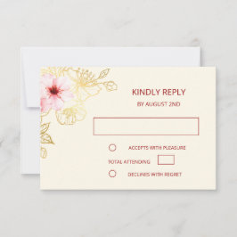 RSVP de Casamento Chinês Dourado com Rosa Floral