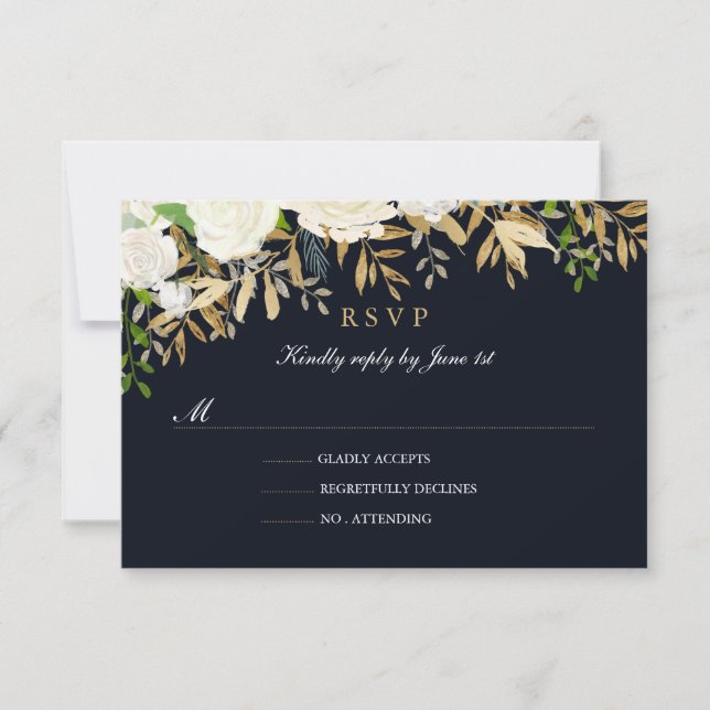 RSVP de Casamento com Aquarela Floral em Dourado d (Frente)