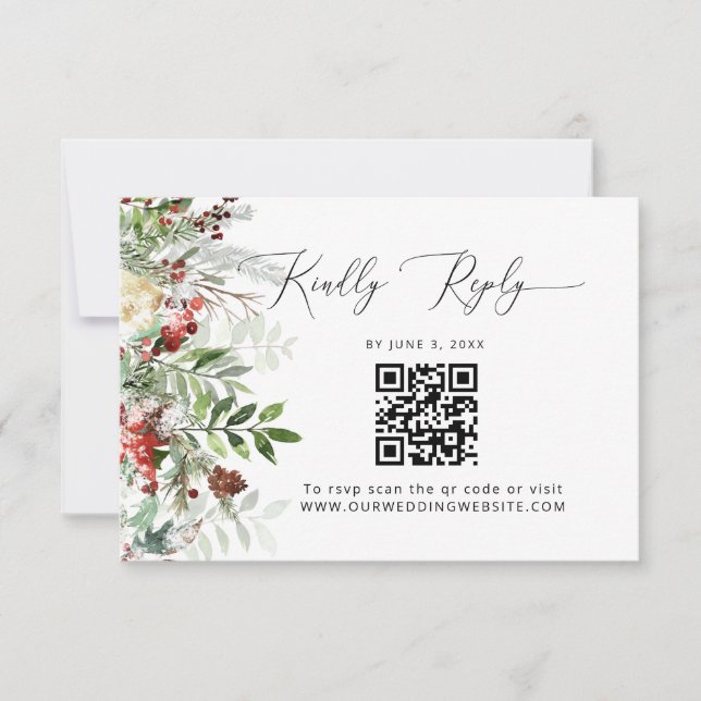 RSVP de casamento com código QR Evergreen (Frente)
