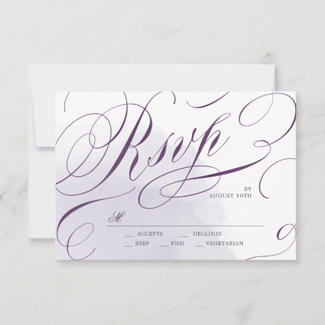RSVP de casamento da caligrafia roxa romântica (Frente)