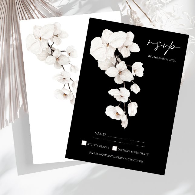 RSVP de Casamento das Orquídeas Negra e Branca Mod (Modern Black and White Orchids Flowers Wedding RSVP Cards)