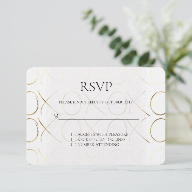 RSVP de Casamento de Amor Dourado XOXO Branco (Em pé/Frente)