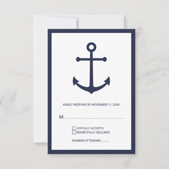 RSVP de Casamento de Âncora Azul Marinho Náutico (Frente)