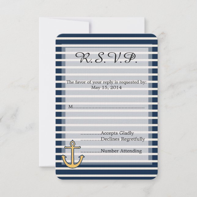 RSVP de Casamento de Âncora de Stripes Azul marinh (Frente)