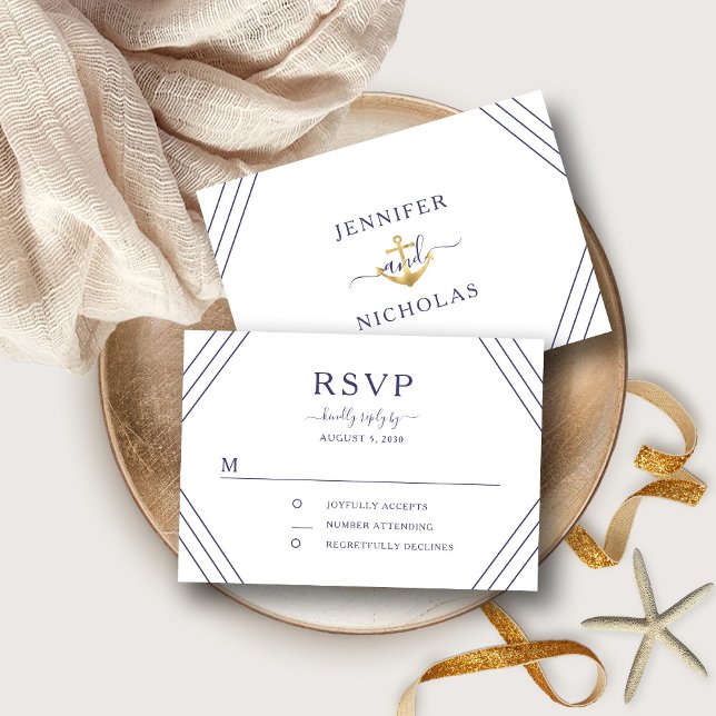 RSVP de Casamento de Âncora Dourada de Faixa Náuti (Front/Back Nautical Stripes Gold Anchor Wedding RSVP)