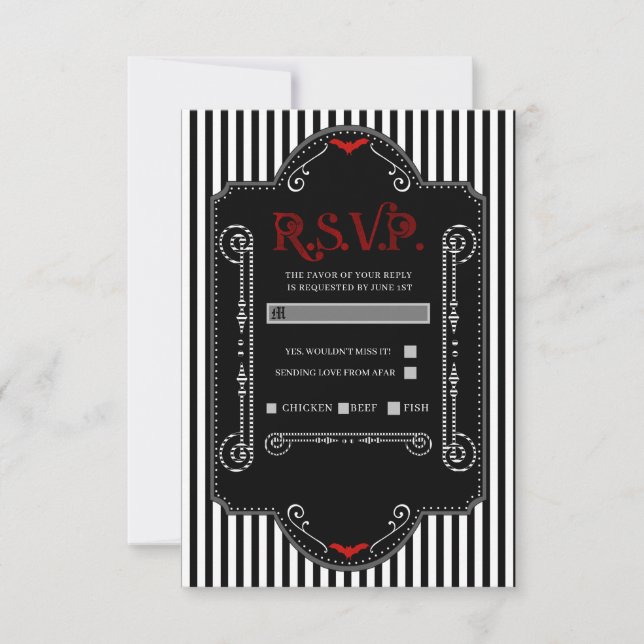 RSVP de Casamento de Bat Gótico Vermelho com Strip (Frente)