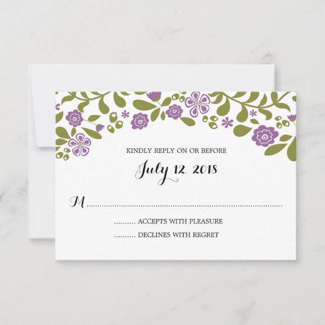 RSVP de Casamento de Blossomas de Flor Roxo e Verd (Frente)