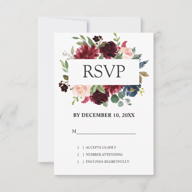 RSVP de Casamento de Boho Floral do Marinho Vermel (Frente)