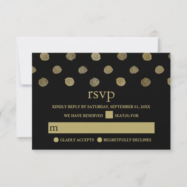 RSVP de Casamento de Bolinhas Preto e Dourado Mode (Frente)