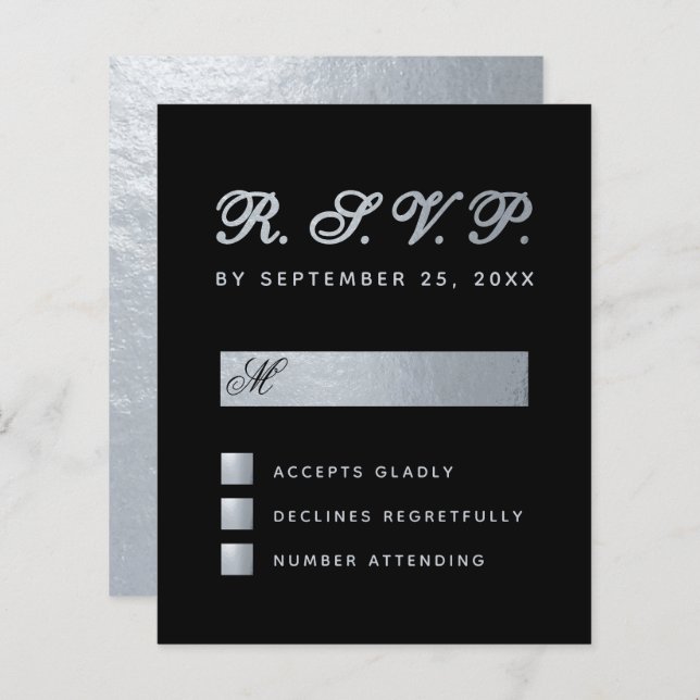 RSVP de Casamento de Caligrafia Preta Faux Silver (Frente/Verso)