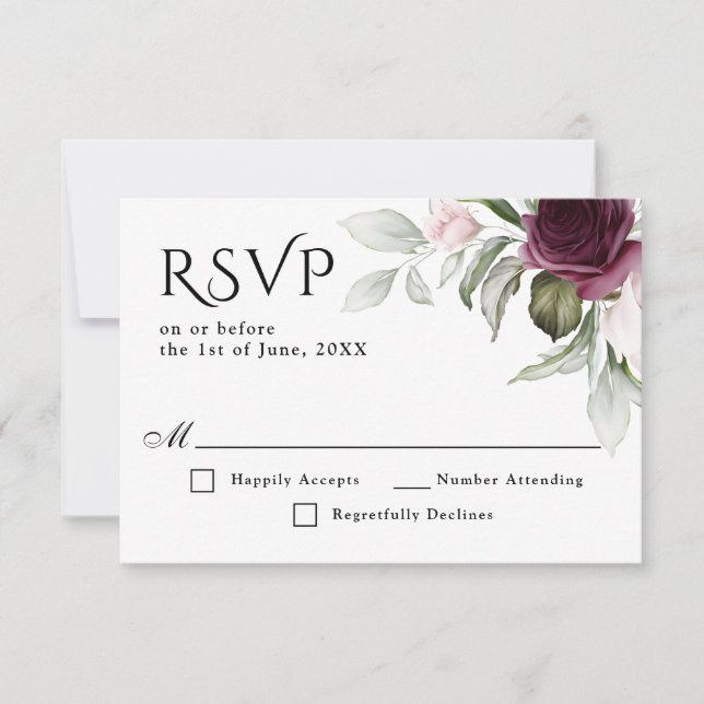 RSVP de Casamento de Charme Floral Rosa e Plum (Frente)