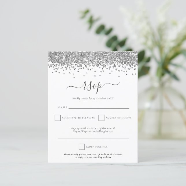 RSVP de Casamento de Código QR de Glitter de Orçam (Em pé/Frente)