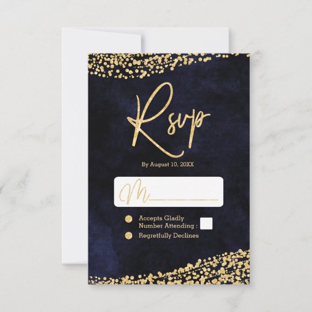 RSVP de Casamento de Confetti Azul-marinho (Frente)