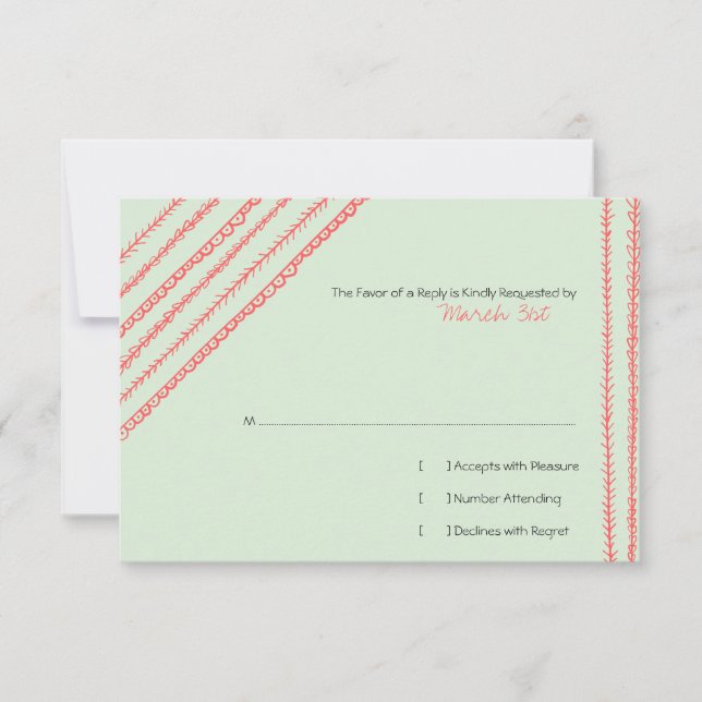 RSVP de Casamento de Doodles Coral e Mint (Frente)