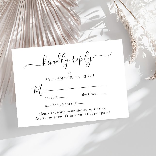 RSVP de Casamento de Escolha do Menu de Script Ele (A chic wedding RSVP card with your customized menu options)