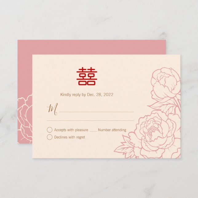 RSVP de Casamento de Felicidade Dupla Chinesa (Frente/Verso)