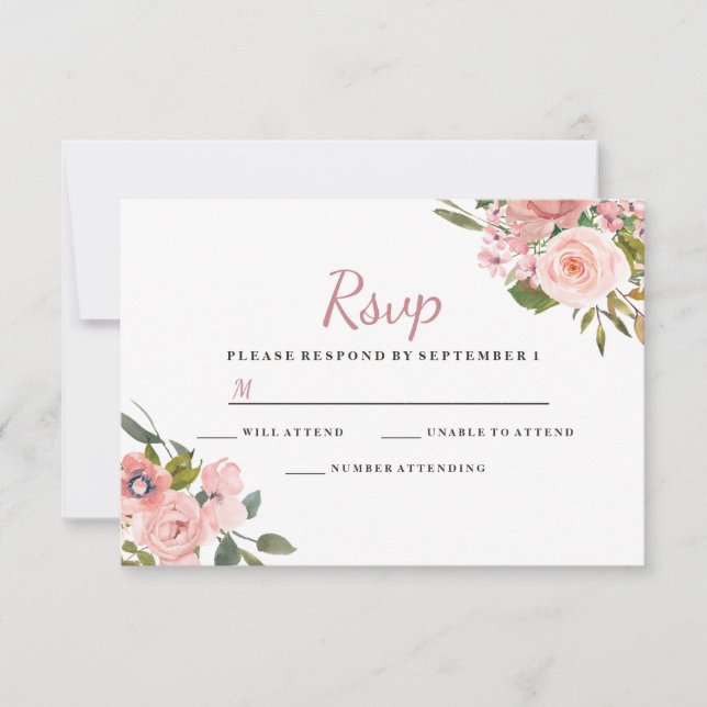 RSVP de Casamento de Flores Douradas e Blush rosa (Frente)