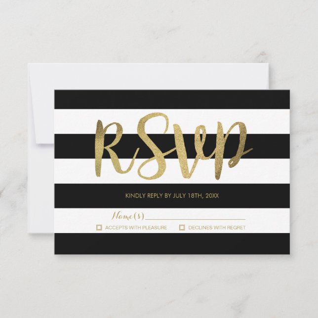 RSVP de Casamento de Folha de Ouro de Stripes Negr (Frente)