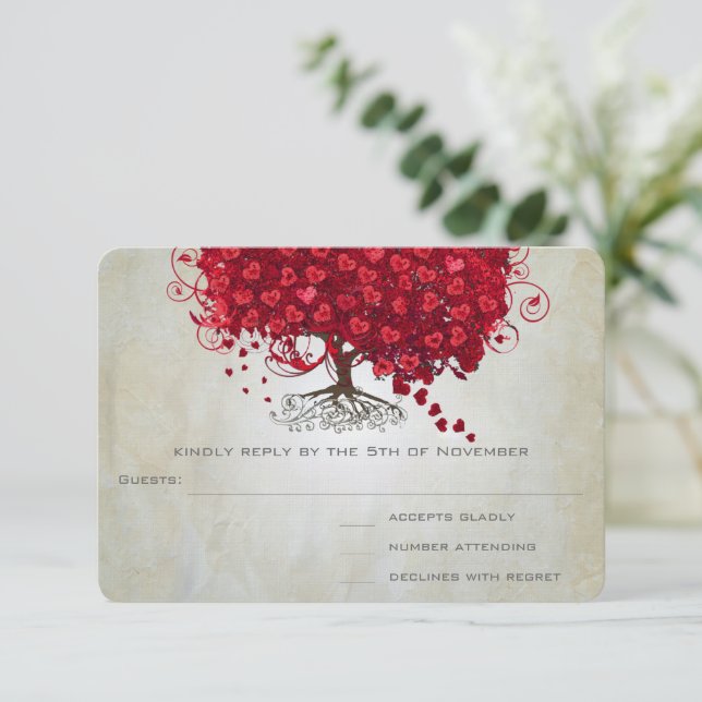 RSVP de Casamento de Folha do Coração Vermelho da  (Em pé/Frente)