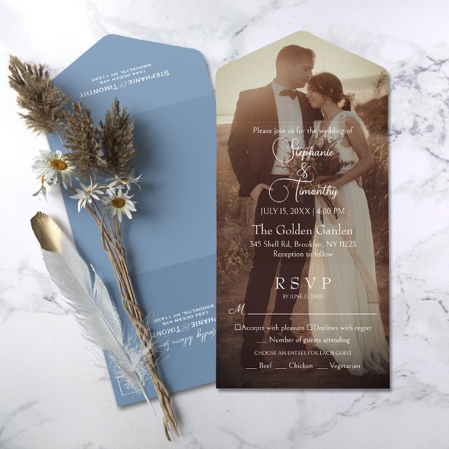 RSVP de Casamento de Foto Azul Moderno Dusty (Simplify your wedding with our all-in-one invitation – convenience and beauty in a single card.)