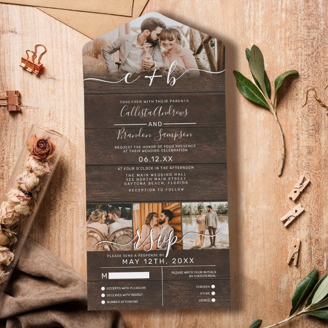 RSVP de Casamento de Foto de Madeira Rústica Monog (Criador carregado)