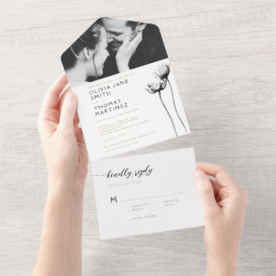 RSVP de Casamento de Foto Floral Negra Elegante