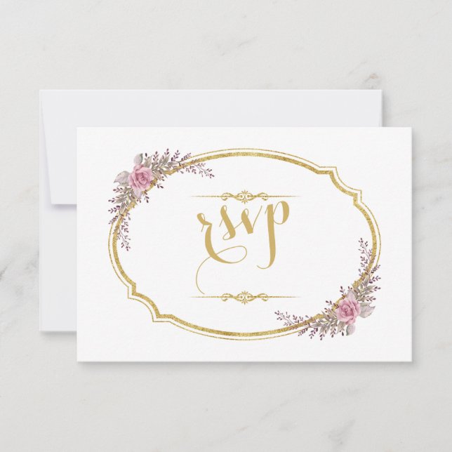 RSVP de Casamento de Frame Dourado Floral do Blush (Frente)