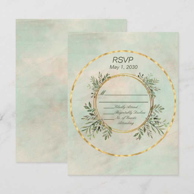 RSVP de Casamento de Frame em Círculo Verde e Dour (Frente/Verso)