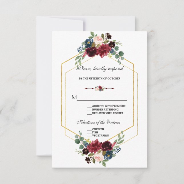 RSVP de Casamento de Frame Floral Azul do Marinho  (Frente)
