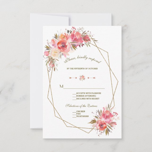 RSVP de Casamento de Frame Glitter Floral Dourado (Frente)