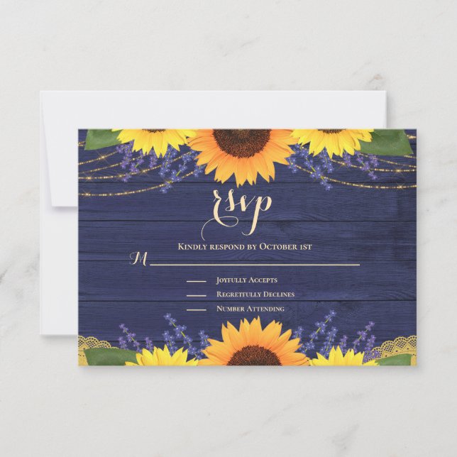 RSVP de Casamento de Girassol de Azul-Dourado Rúst (Frente)