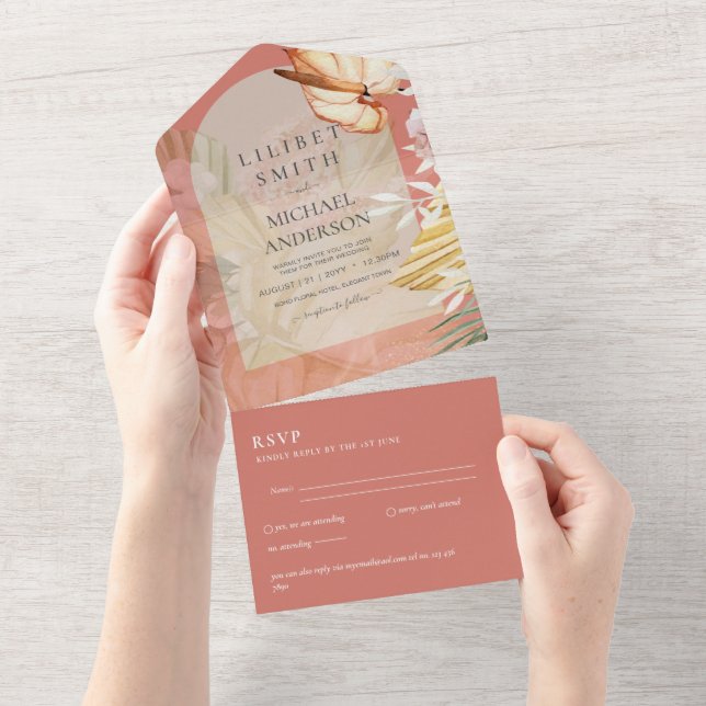 RSVP de Casamento de Grass Boho Pampas 3in1 (Tearaway)