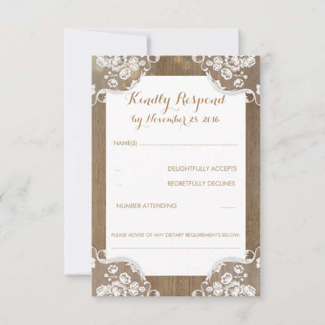 RSVP de Casamento de Lace e Madeira Rustic (Frente)