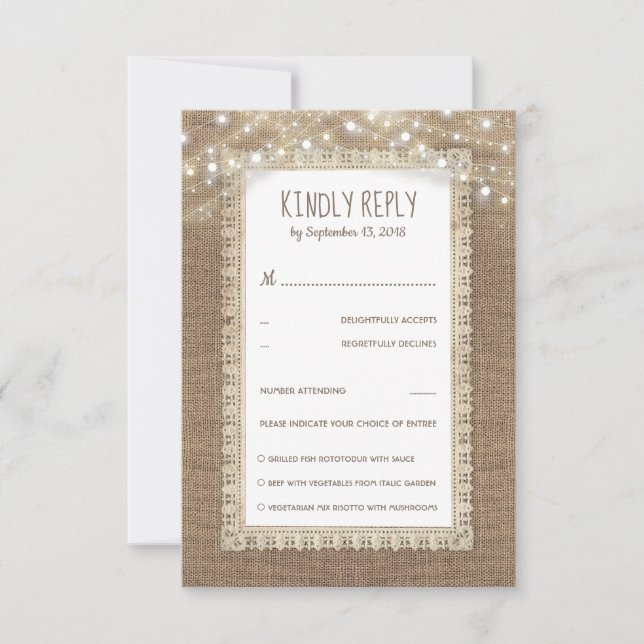 RSVP de Casamento de Lace Rustic Burlap (Frente)
