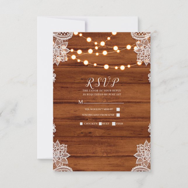 RSVP de Casamento de Luzes de Madeira Rustic (Frente)