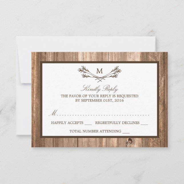 RSVP de Casamento de Madeira e Rúscula de Monogram (Frente)