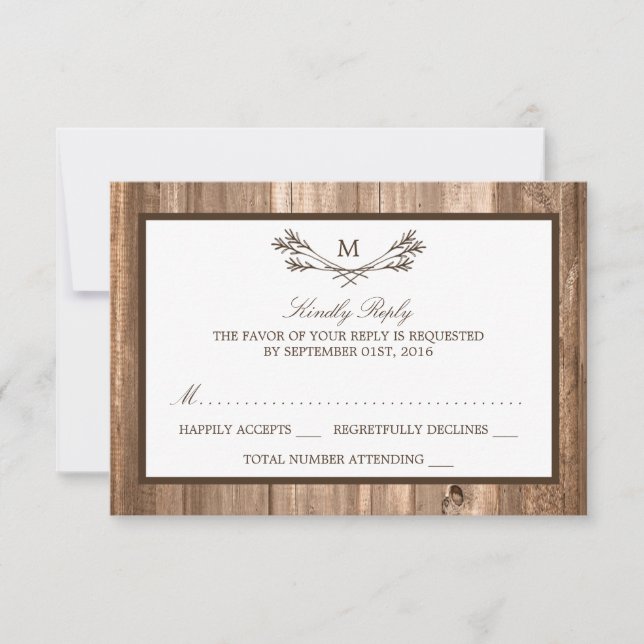RSVP de Casamento de Madeira e Rúscula de Monogram (Frente)