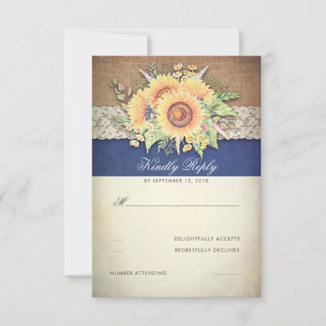 RSVP de Casamento de Marinhos Rustic Sunflower Bur (Frente)