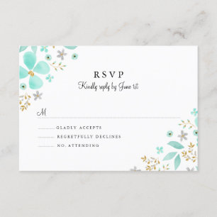 RSVP de Casamento de Mint Leaf Dourada Floral
