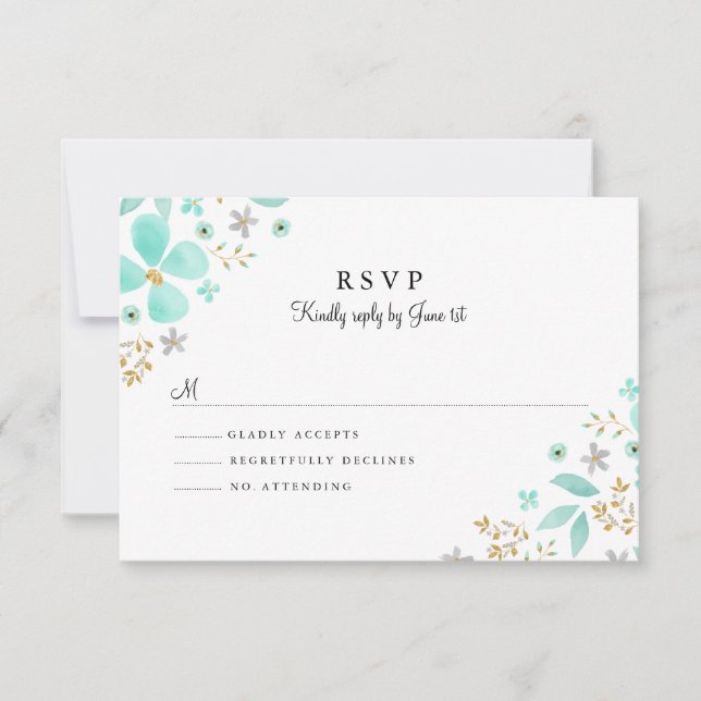 RSVP de Casamento de Mint Leaf Dourada Floral (Frente)