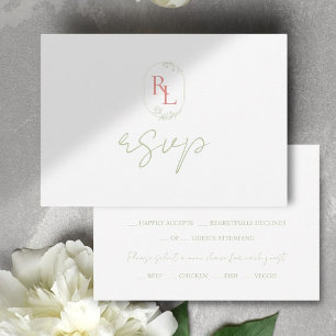 RSVP de Casamento de Monograma Verde e Coral Suave