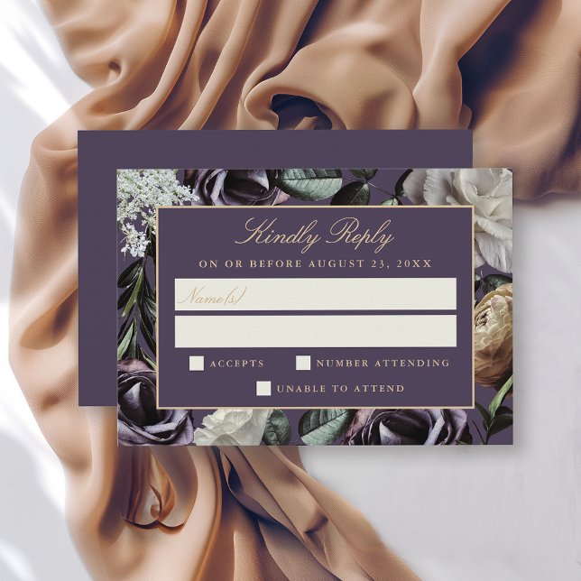 RSVP de Casamento de Moody Dark Elegante Floral Ro (Criador carregado)