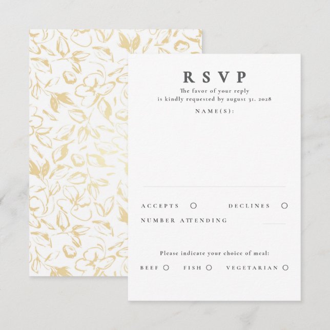 RSVP de Casamento de Padrão Floral Dourado desenha (Frente/Verso)