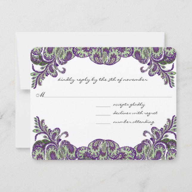 RSVP de Casamento de Peacock Purple & Green (Frente)