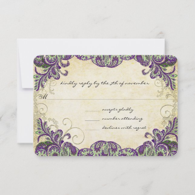 RSVP de Casamento de Peacock Purple & Green (Frente)